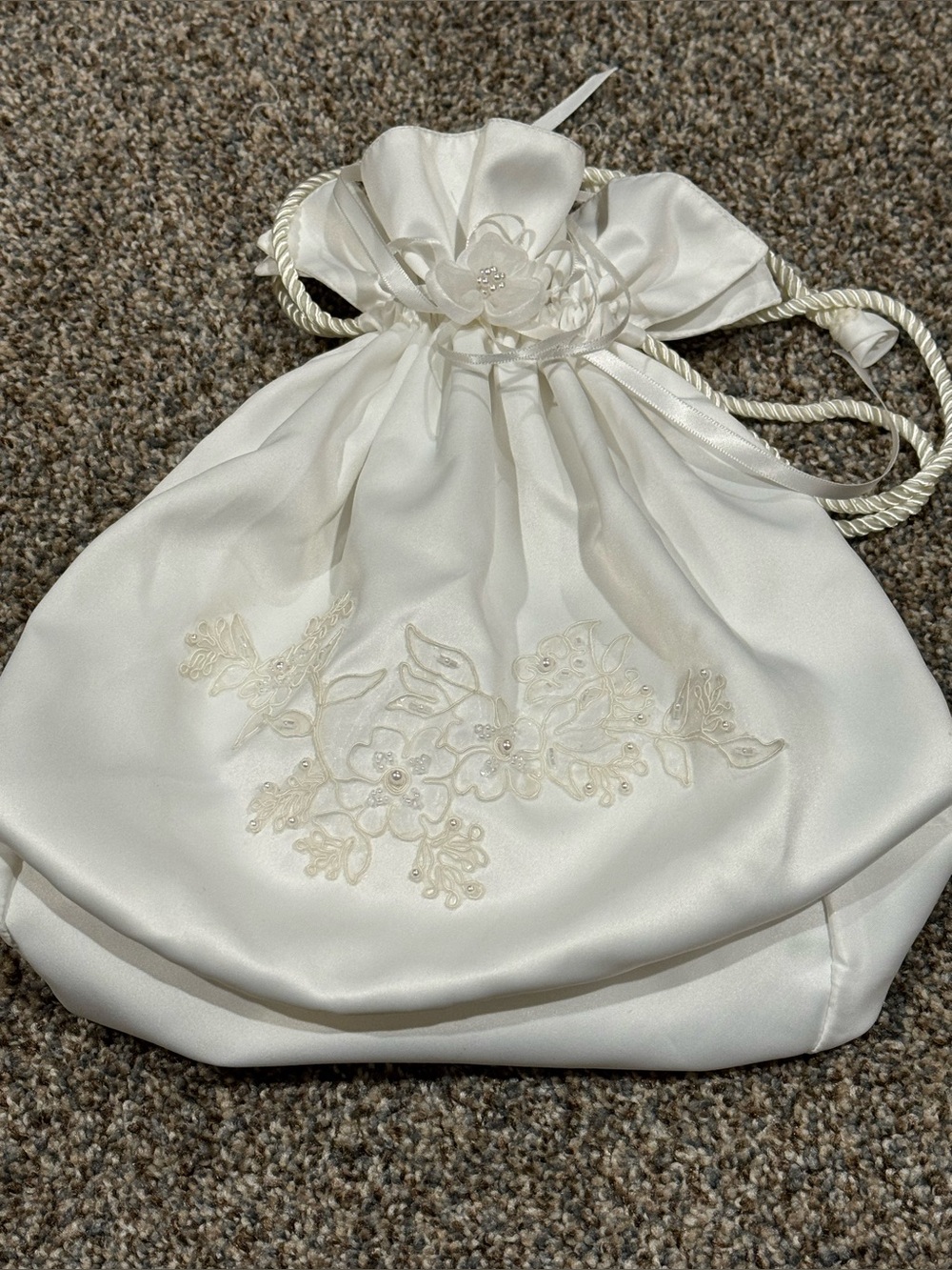 Bridal Elegant White Satin Drawstring Purse Money Bag (12”x13”)